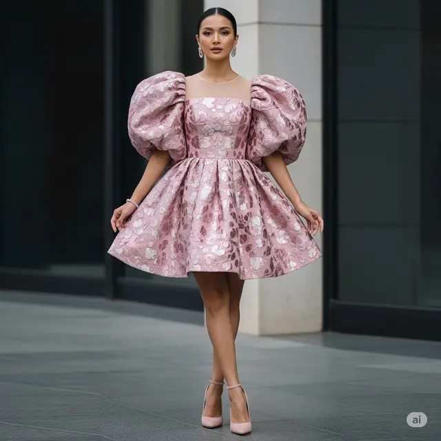 Dress Brokat Lengan Balon Pendek. Foto: Gemini