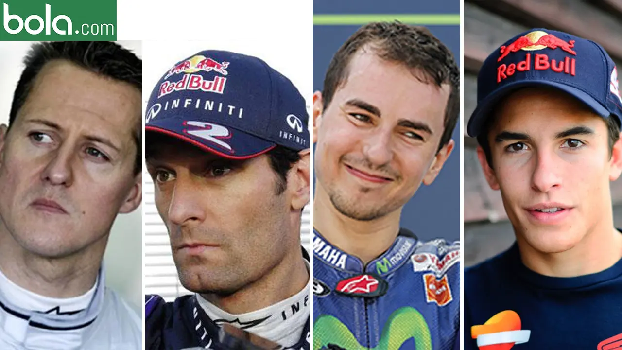 Marc Marquez, Mark Webber, Michael Schumacher dan Jorge Lorenzo (bola.com/Rudi Riana)