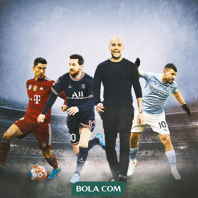 Ilustrasi - Pep Guardiola dikelilingi Lionel Messi, Robert Lewandowski, Sergio Aguero