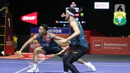 Berlaga di Istora Gelora Bung Karno, Senayan, Jakarta, Sabtu (7/6/2025), Fajar/Rian dipaksa mengakui keunggulan wakil Korea Selatan, Kim Won Ho/Seo Seung Jae. (Liputan6.com/Helmi Fithriansyah)