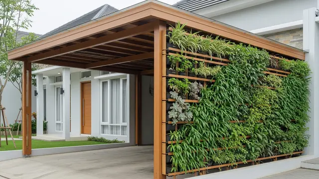 Carport Kayu Alami yang Menyatu dengan Taman Rumah