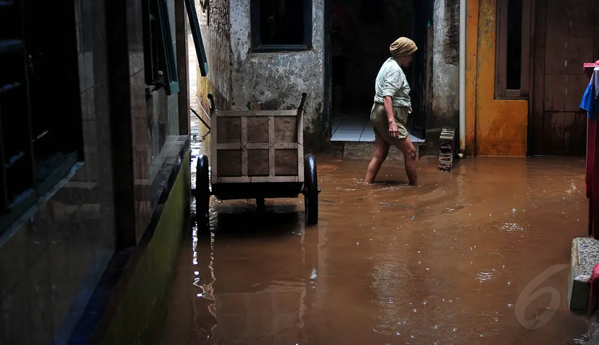 Air setinggi 2 hingga 3 meter menggenangi puluhan rumah di kawasan Kampung Pulo, Jakarta Timur, Kamis (13/11/2014). (Liputan6.com/Johan Tallo)