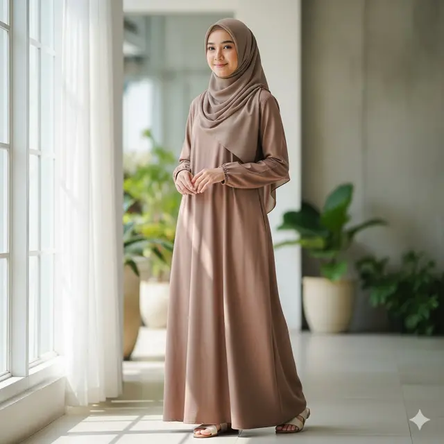 Dress Coklat Susu dengan Hijab Milo