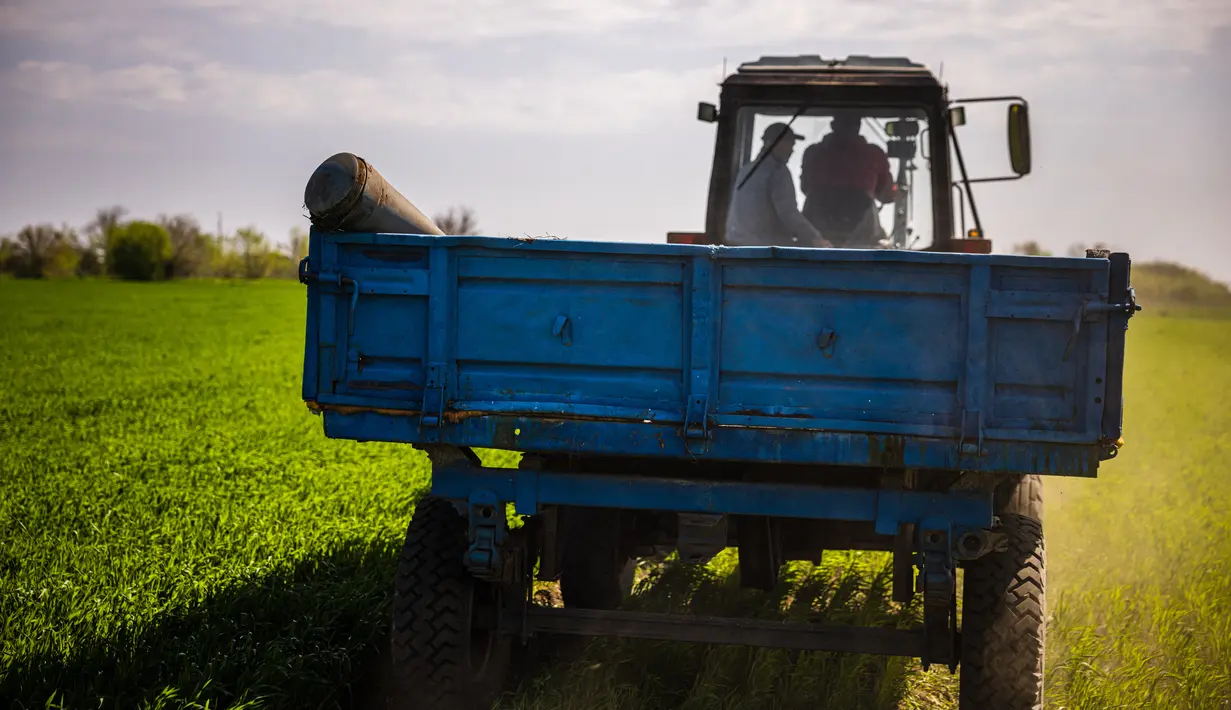 <p>Petani membawa dengan traktor sebuah rudal yang belum meledak yang tersisa di dekat desa Hryhorivka, Wilayah Zaporizhzhia, di tengah invasi Rusia pada 5 Mei 2022. Musim tanam tahun ini petani membutuhkan lebih dari bahan bakar dan pupuk. Kini, mereka juga membutuhkan jaket antipeluru dan ranjau untuk menghancurkan bom yang tersebar di ladang mereka. (Dimitar DILKOFF / AFP)</p>