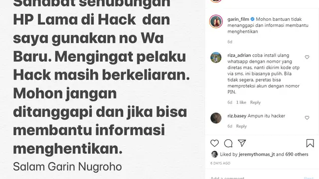 WhatsApp Garin Nugroho diretas orang tak bertanggung jawab