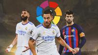 Ilustrasi - Karim Benzema, Gerard Pique, Eden Hazard Background La Liga (Bola.com/Bayu Kurniawan Santoso)