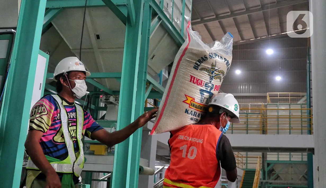 Pekerja memindahkan beras yang diolah secara modern dengan mesin Modern Rice Milling Plant (MRMP) di Karawang, Jawa Barat, Rabu (21/9/2022). Infrastruktur MRMP ini terdiri dari mesin pengering (dryer), unit penggilingan padi (RMU) sebagai mesin konversi gabah menjadi beras, dan dilengkapi teknologi penyortir warna (color sorter). (Liputan6.com/Angga Yuniar)