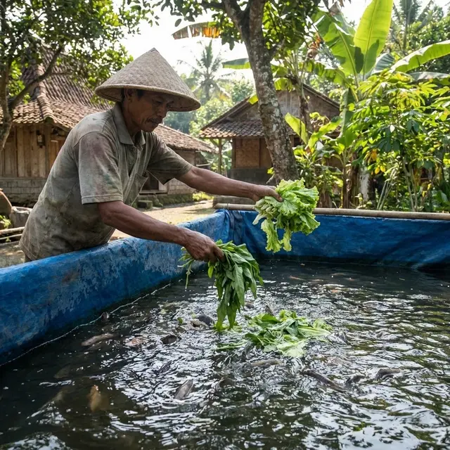 Memberi makan ikan dengan limbah bayam dan selada