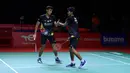 Ganda putra muda, Muhammad Shohibul Fikri/Bagas Maulana saat melawan rekan senegaranya Fajar Alfian / Muhammad Rian Ardianto pada babak 32 besar Indonesia Masters 2021 di Bali International Convention Centre, Selasa (16/11/2021).  Fikri/Bagas menang 13-21, 21-18 dan 22-20. (Foto: Humas PP PBSI)