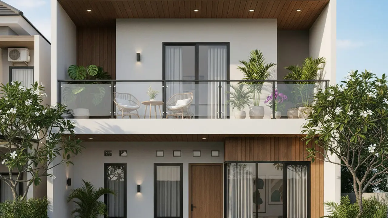 Model Rumah 6x12 Atap Datar dengan Balkon Atas