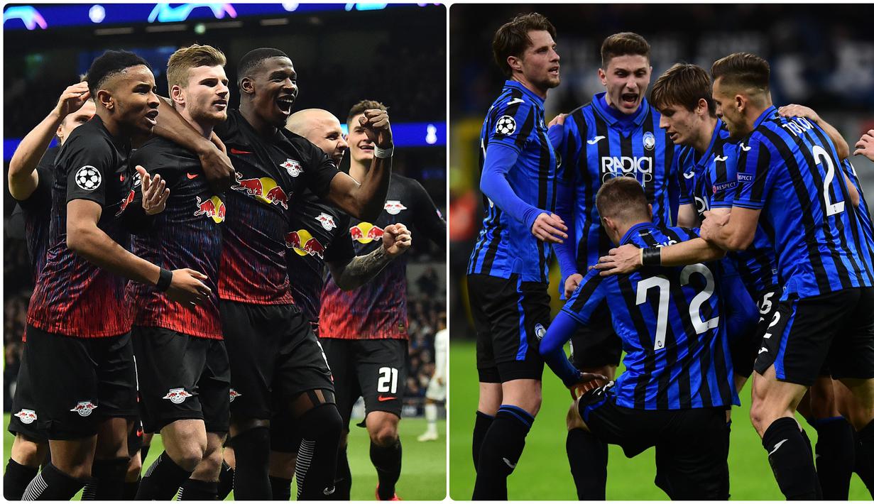 RB Leipzig dan Atalanta berhasil menembus babak perempat final Liga Champions untuk kali pertama usai mengalahkan klub yang lebih besar. RB Leipzig mengalahkan Tottenham dan Atalanta sukses memulangkan Valencia. (kolase foto AFP)
