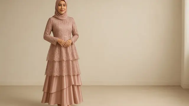 Model Gaun Pesta Muslimah Kombinasi Brokat dan Satin/Ilustrasi AI