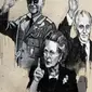 Mural yang menggambarkan wajah pemimpin Polandia Wojciech Jaruzelski bersama pemimpin Rusia Mikhail Gorbachev dan pemimpin Inggris Margaret Thatcher di dinding rumah warga di desa Staro Zhelezare, Bulgaria, Kamis (27/7). (AP Photo/Valentina Petrova)