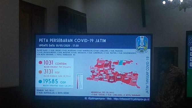 Peta persebaran Corona COVID-19 di Jawa Timur pada Jumat, 1 Mei 2020. (Foto: Liputan6.com/Dian Kurniawan)