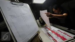 Pekerja mengecek surat suara yang telah dicetak untuk Pilkada di Provinsi Banten di Kawasan Industri Pulo Gadung, Jakarta, Rabu (11/1). Sebanyak 7.900.000 lembar surat suara dicetak oleh PT Dian Rakyat. (Liputan6.com/Faizal Fanani)