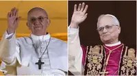 Busana debut Paus Leo XIV (kanan) berbeda dengan mendiang Fransiskus (kiri). (Vincenzo PINTO/AFP&nbsp;AP/Alessandra Tarantino)