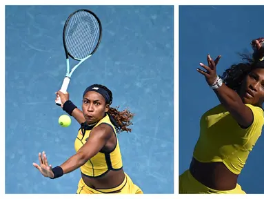 Petenis Amerika Serikat, Coco Gauff (kiri) dan Serena Williams saat melakukan servis di turnamen Australia Open. (Foto Kolase: AFP/Anthony Wallace dan AFP/Paul Crock)