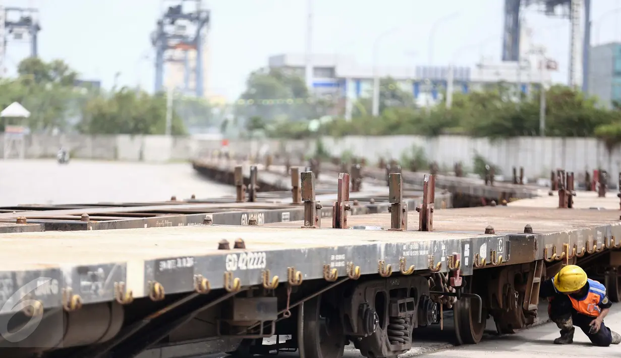 Beroperasinya kereta api peti kemas dari Gedebage, Bandung ke pelabuhan Tanjung Priok diharapkan dapat mengefisienkan antar daerah dalam negeri dan ke luar negeri, Jakarta, Jumat (13/1). (Liputan6.com/Faizal Fanani)