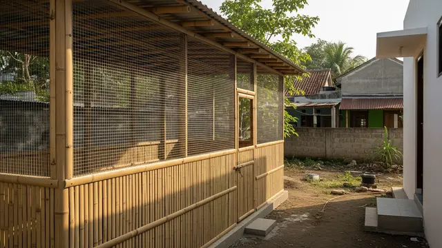 Ide Kandang Ayam Semi Terbuka dengan Ventilasi Maksimal di Samping Rumah Anti Bau Model Dinding Kombinasi Kawat dan Bambu