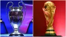 Trofi Liga Champions dan Piala Dunia merupakan dua gelar bergengsi di pentas sepak bola dunia. Kedua trofi tersebut merupakan kebanggaan bagi pesepak bola profesional yang bermain di klub liga top eropa dan juga tim nasional. (Kolase AFP)