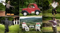 Kombinasi gambar yang diambil pada 3 Mei 2022 menunjukkan orang-orangan sawah selama "Pameran Orang-orangan Sawah" tahunan di desa Castellar, Italia utara, dekat Cuneo. Selama pameran tahunan, warga menyiapkan orang-orangan sawah mereka sendiri dan menaruhnya di taman, halaman, ladang, serta jalan. (MARCO BERTORELLO / AFP)