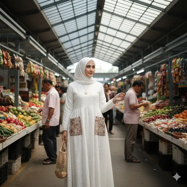 Gamis Putih Brokat Aksen Batik Coklat Earthy Tone
