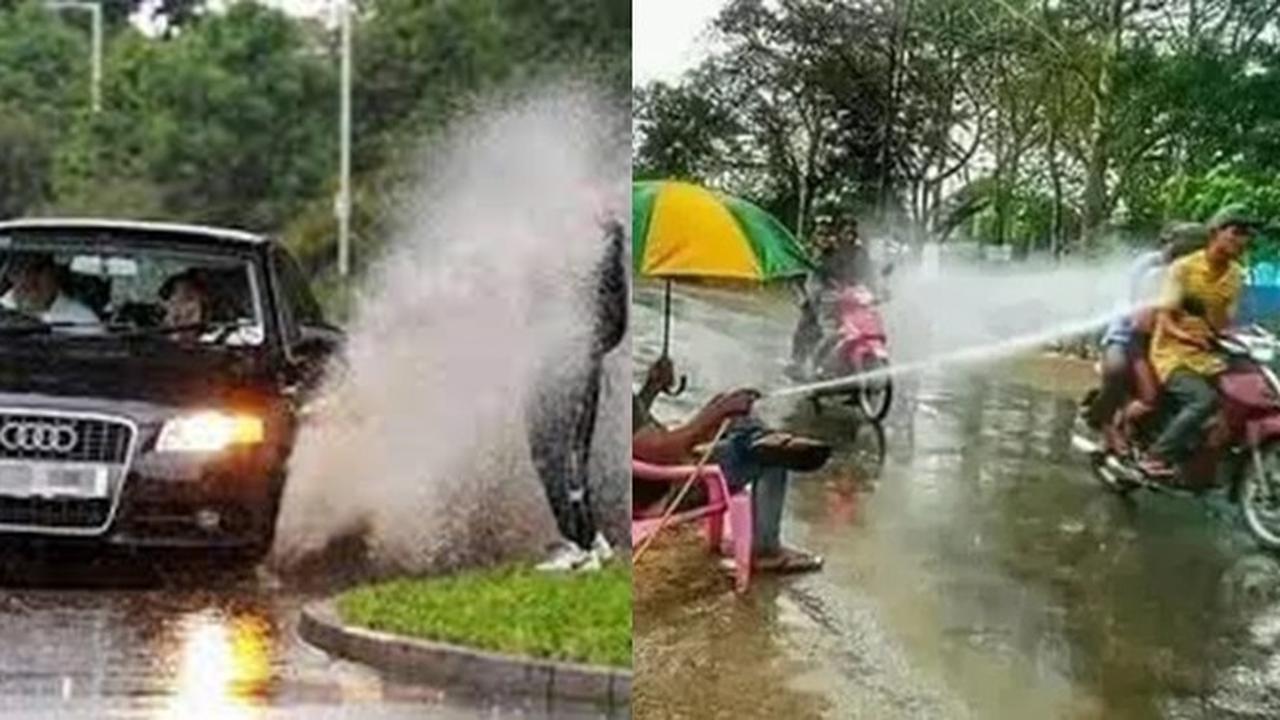 6 Momen Apes Kecipratan Air di Jalan Raya Ini Melatih Kesabaran, Jadi Elus Dada