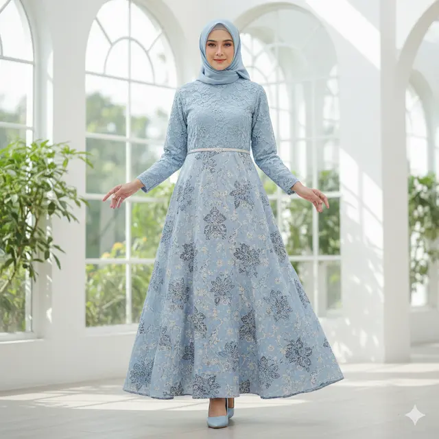 7 Tren Model Gamis Batik Brokat Baby Blue Terbaru untuk Lebaran 2026, Tampilan Anggun dan Mewah