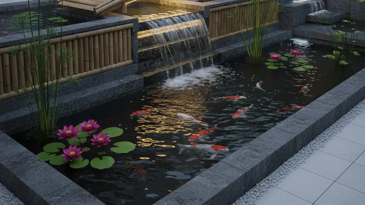 Model Kolam Ikan dengan Jembatan Bambu Mini di Teras Rumah