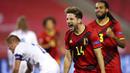 Pemain Belgia, Dries Mertens, melakukan selebrasi usai mencetak gol ke gawang Islandia pada laga UEFA Nations League di Stadion King Baudouin, Rabu (9/9/2020). Belgia menang telak dengan skor 5-1. (AP/Francisco Seco)