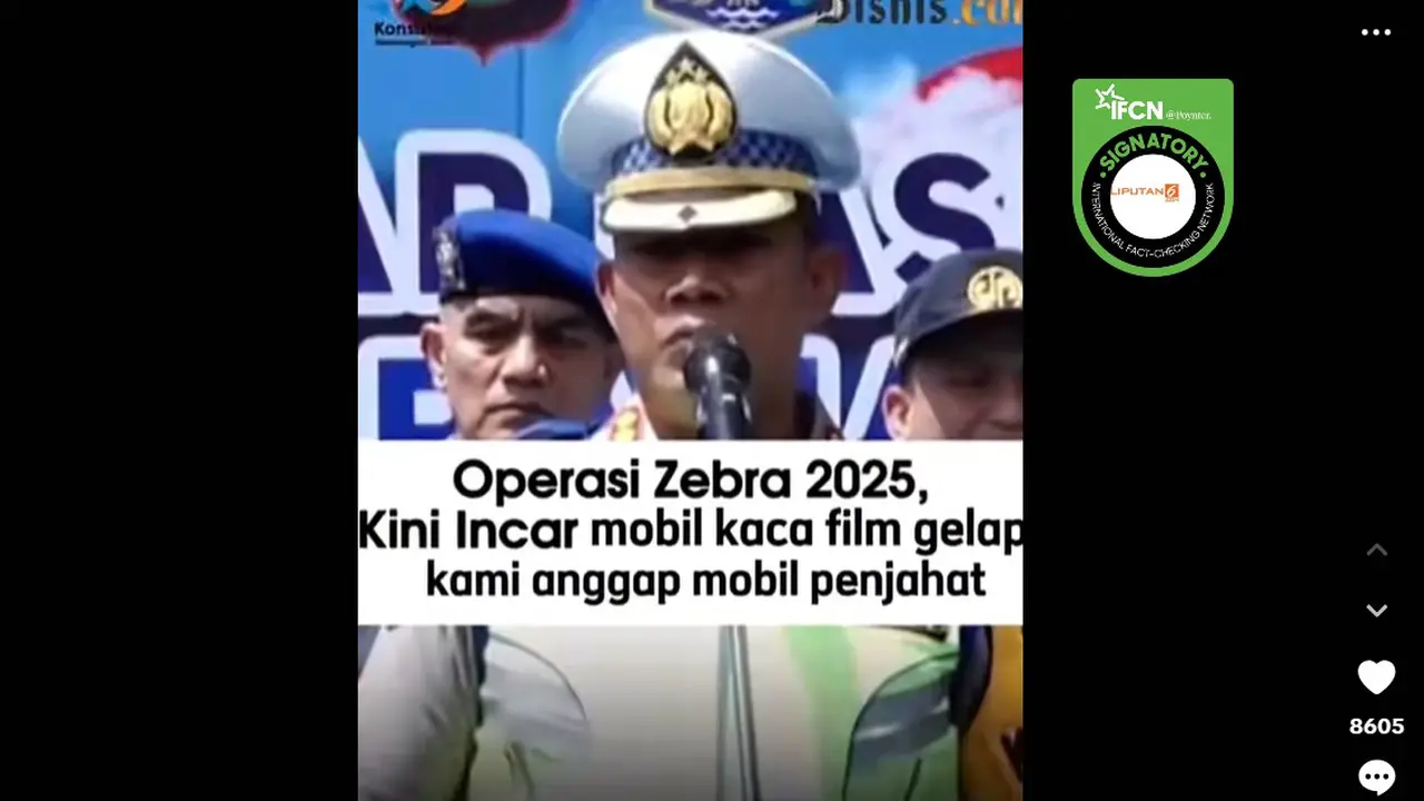 Tangkapan layar video berisi klaim Operasi Zebra 2025 kini mengincar mobil kaca film gelap yang beredar di TikTok.