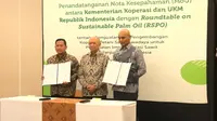 Kementerian Koperasi dan UKM bersama Rountable on Sustainable Palm Oil (RSPO) menandatangani MoU tentang penguatan dan pengembangan koperasi petani sawit swadaya, di Jakarta (10/7/2023). (Tira/Liputan6.com)