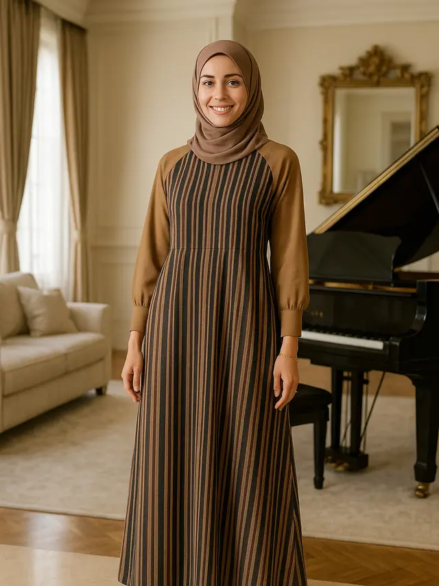 Model Gamis Lurik Kombinasi Polos di Lengan untuk Ibu-ibu 40 Tahun