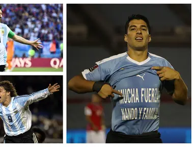 Tercatat ada lima pemain di posisi teratas dalam daftar top skor babak kualifikasi Piala Dunia zona Amerika Selatan atau CONMEBOL sepanjang masa. Dua pemain di posisi teratas hingga kini masih aktif bermain, Luis Suarez dan Lionel Messi. Yang lain? (Kolase Foto AFP)