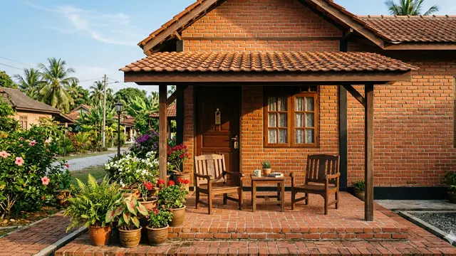 Desain Rumah Bata Merah Sederhana dengan Nuansa Hangat ala Desa. Gemini