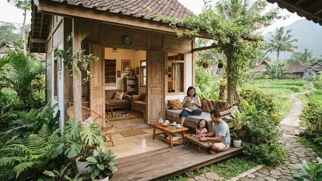 Inspirasi rumah mungil dengan teras teduh di desa dan cocok untuk slow living model teras menyatu dengan ruang keluarga