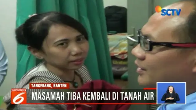 Didampingi staf Kedubes Indonesia di Arab Saudi, Masamah tiba di Bandara Soekarno Hatta, Cengkareng, Tangerang, Banten, pada Minggu dini hari.