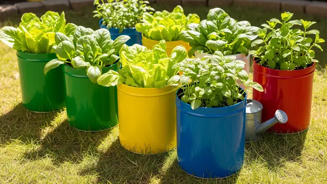 Kebun Sayur dengan Kaleng Warna Cerah