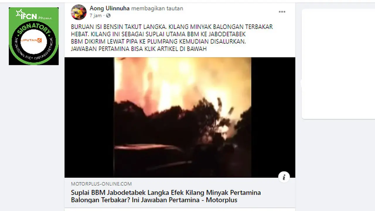 Cek Fakta Liputan6.com menelusuri informasi untuk segera isi BBM karena akan langka akibat Kilang Balongan kebakaran