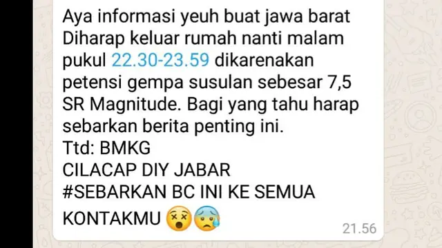 Hoax gempa susulan 7,5 (SR). (Foto: Liputan6.com/Muhamad Ridlo)