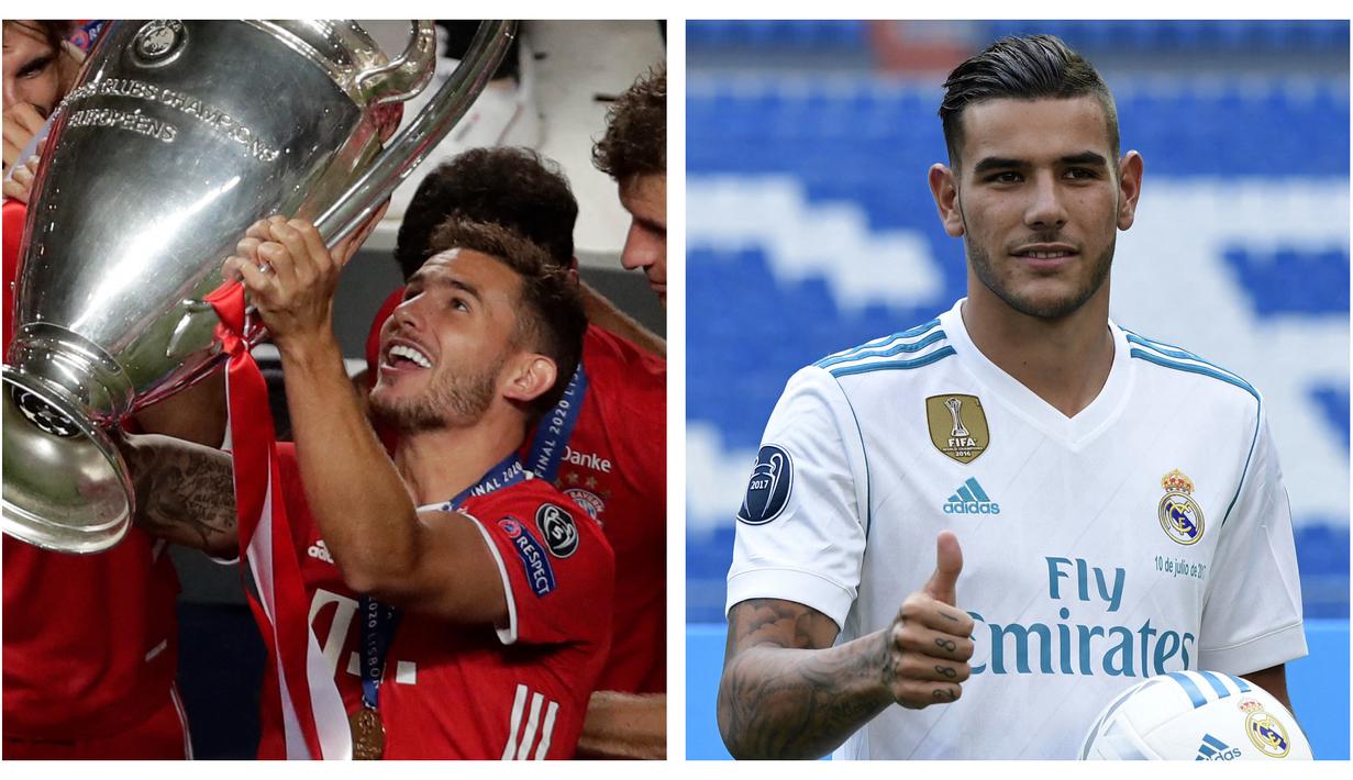 Lucas dan Theo Hernandez. Sang adik Theo Hernandez (kanan) meraih trofi Liga Champions terlebih dahulu bersama Real madrid pada musim 2017/2018. Sementara sang kakak Lucas Hernandez meraihnya bersama Bayern Munchen pada musim 2019/2020. (Kolase AFP)