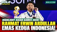 Highlight perjuangan Rahmat Erwin Abdullah meraih medali emas untuk Indonesia di nomor 75 kg putra angkat besi Asian Games Aichi-Nagoya 2026. Rahmat Erwin mencatat total angkatan 366 kg sekaligus mempersembahkan emas kedua Indonesia di ajang ini.