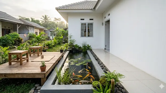 Inspirasi Model Kolam Ikan Memanjang di Samping Rumah Subsidi yang Menenangkan. Gemini