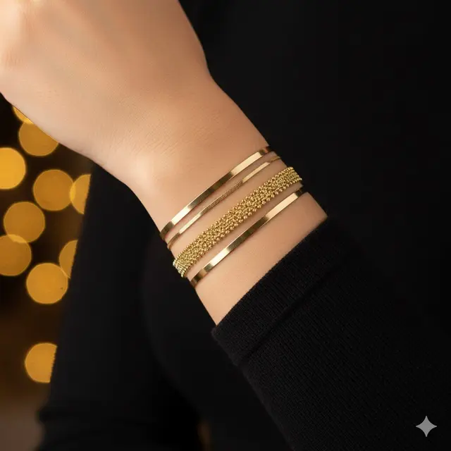 Gelang Emas Kombinasi Tali Ular dan Pasir Cocok untuk Gaya Layering