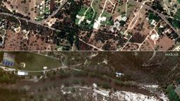 Kombinasi foto milik Maxar Technologies ini yang dibuat pada tanggal 08 Juli 2025 ini menunjukkan foto atas menunjukkan jalan raya negara bagian 39 sebelum banjir bandang di sepanjang Sungai Guadalupe di Ingram, Texas pada tanggal 23 Juni 2023, sementara foto bawah menunjukkan rumah-rumah yang hanyut di dekat jalan raya 39 sebelum banjir bandang di sepanjang Sungai Guadalupe di Ingram, Texas pada tanggal 8 Juli 2025. (Foto oleh Citra satelit ©2025 Maxar Technologies/AFP)