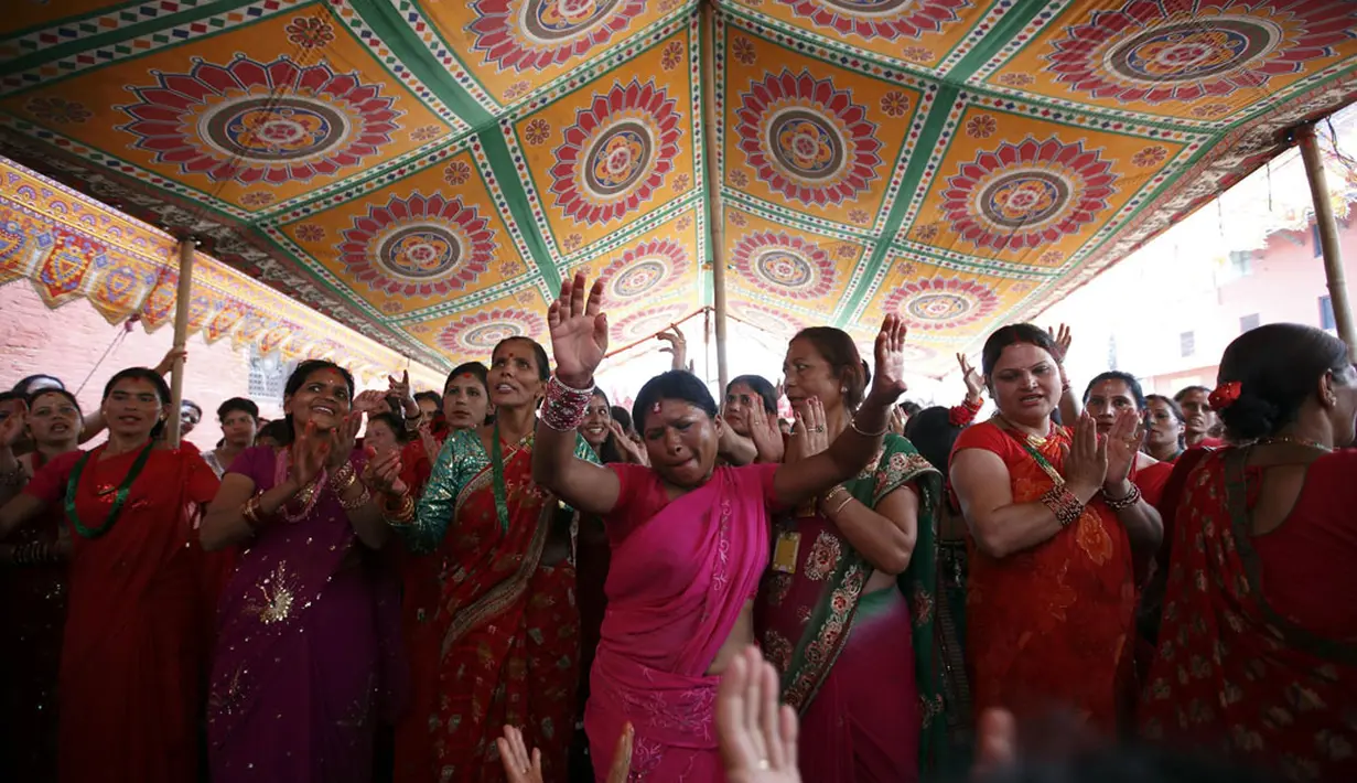 Beberapa perempuan bernyanyi dan menari di kuil Pashupatinath saat perayaan festival Teej di Kathmandu, (28/8/2014). Festival Teej dilakukan untuk memperingati penyatuan Dewa Siwa dan Dewi Parwati. (REUTERS/Navesh Chitrakar)
