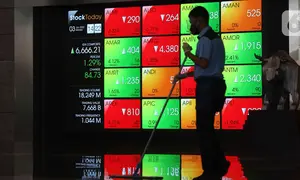 Aktivitas pekerja di depan layar Indeks Harga Saham Gabungan (IHSG) di BEI, Jakarta, Senin (3/1/2022). Pada pembukan perdagagangan bursa saham 2022 Indeks Harga Saham Gabungan (IHSG) langsung menguat 7,0 poin atau 0,11% di level Rp6.588,57. (Liputan6.com/Angga Yuniar)