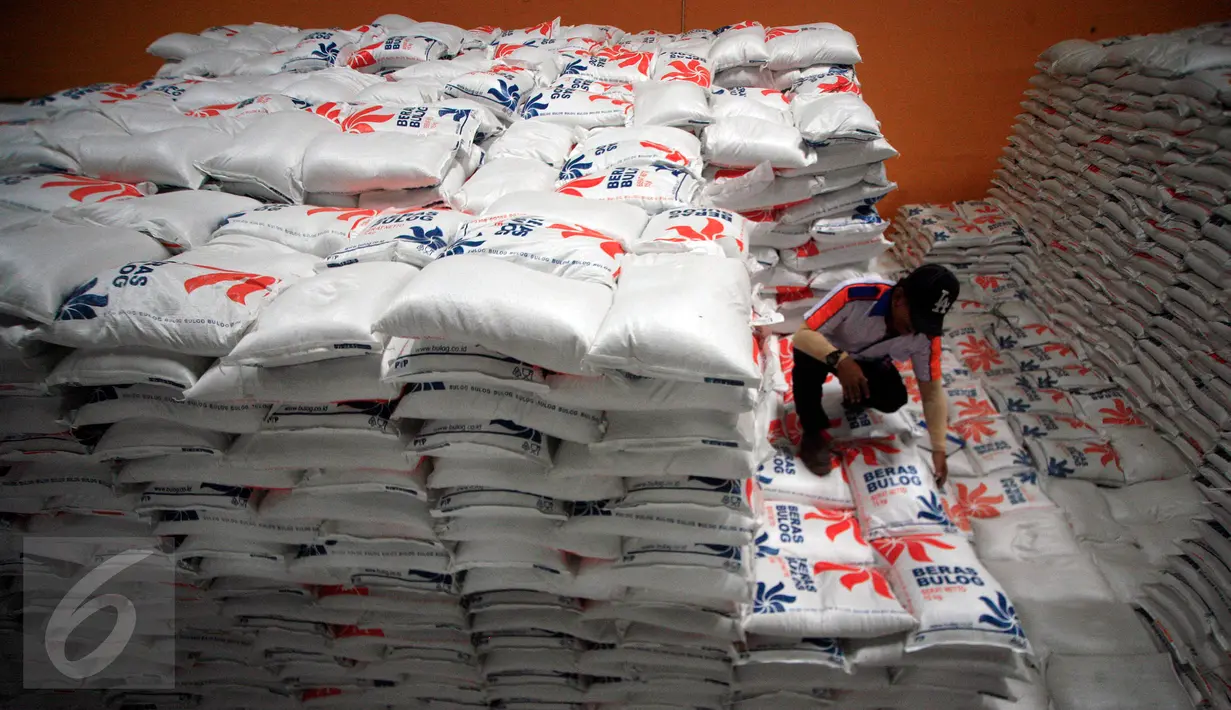 Petugas mengecek stok beras di Gudang Bulog DIY di Kalasan,Sleman, (27/1). Saat ini Bulog DIY memiliki stok beras rastra sekitar 19.000 ton. (Boy Harjanto)