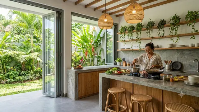 Inspirasi Dapur Bergaya Tropical Minimalist yang Bikin Suasana Masak Terasa Segar Seperti di Resort Model Semi Terbuka dengan Pembatas Kaca