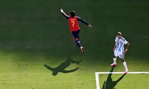 Selebrasi Ferran Torres saat Spanyol mengalahkan Argentina di final Piala Dunia 2026 (AFP)